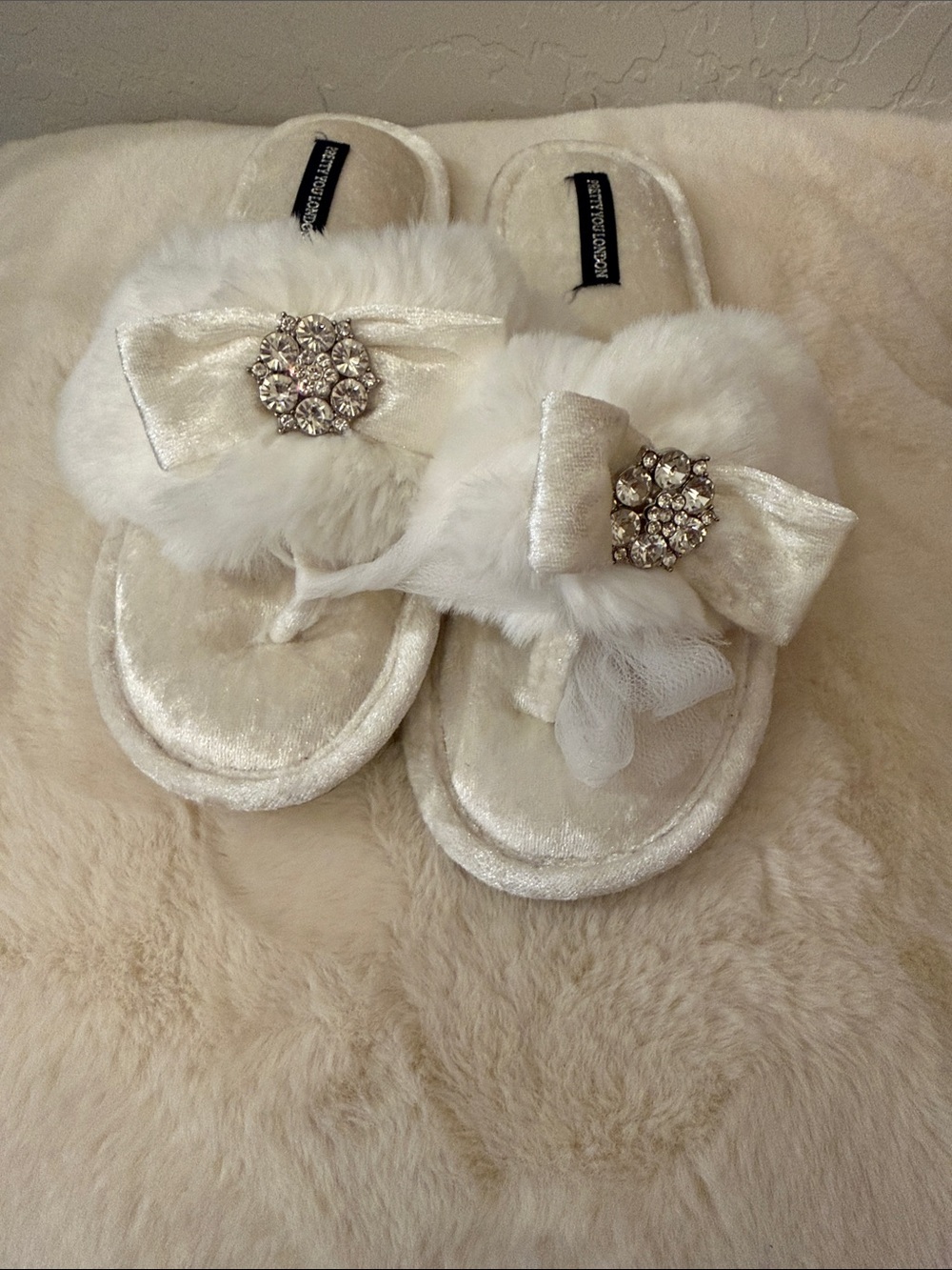 White Faux Fur Bow Kids Slippers with Crystal Accent